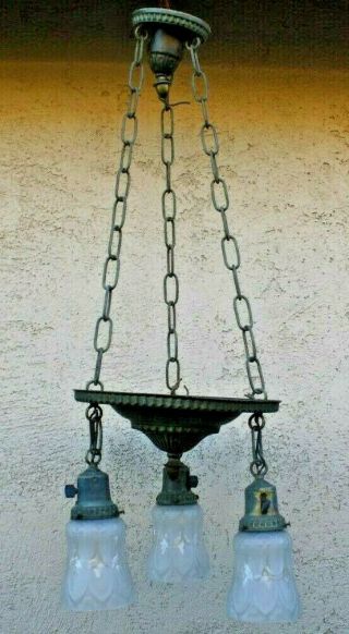 Antique Vintage Brass Hanging 3 Light Pan Ceiling Chandelier Fixture & Shade