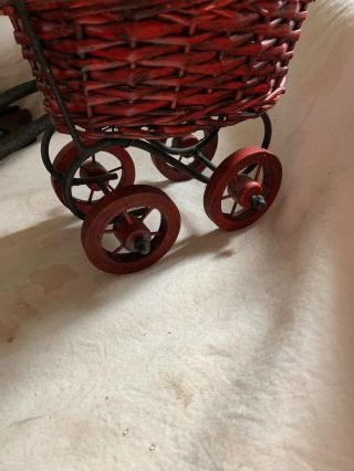 Vintage Doll Stroller Wicker Wood Metal Carriage Buggy Pram Flawless Antique Toy 3