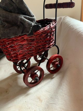 Vintage Doll Stroller Wicker Wood Metal Carriage Buggy Pram Flawless Antique Toy 4