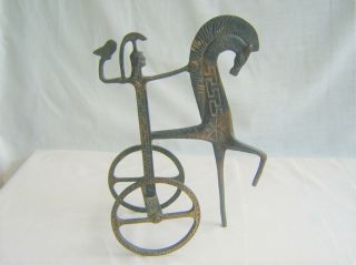 Stylish Vintage BRASS ETRUSCAN HORSE with ATHENA holding an OWL 2