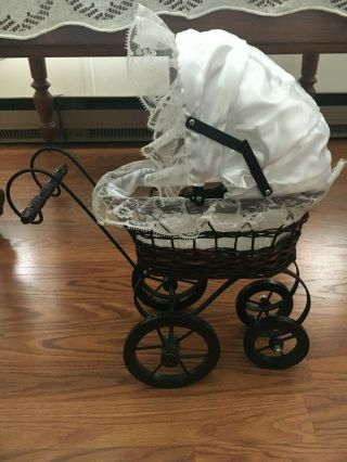 Small Vintage Wicker Decorative Doll Carriage Pram Victorian Buggy 15 " Long