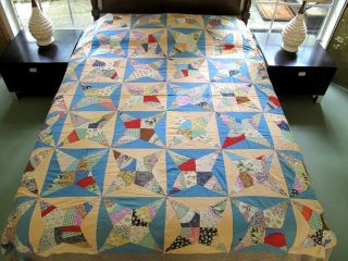 Vintage Feed Sack Hand Pieced Rocky Road To Kansas Quilt Top; Gold Medal Flour