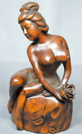 Collectable Handwork Folk Old Boxwood Carve Ancient Belle Elegant Sexy Statue