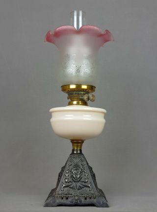 Victorian Pink Opal Glass Font Kerosene Duplex Oil Lamp 1891 Art Nouveau Shade