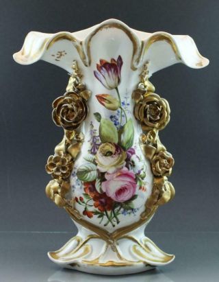 19c French Old Paris Porcelain Flared Rim Vase Floral Motif Hand Painted Gilded