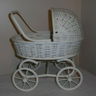 White Wood & Wicker Hooded Doll Buggy,  Stroller,  Baby Carriage,  Pram - 9x13x14 "