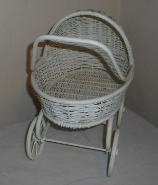 White Wood & Wicker Hooded Doll Buggy,  Stroller,  Baby Carriage,  Pram - 9x13x14 
