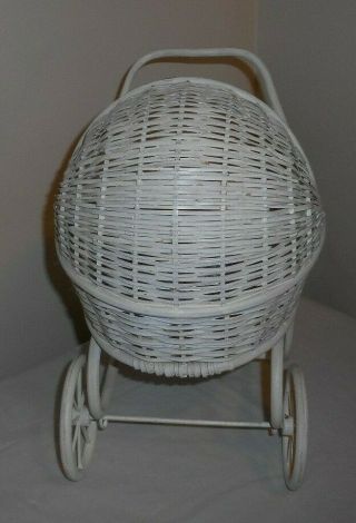 White Wood & Wicker Hooded Doll Buggy,  Stroller,  Baby Carriage,  Pram - 9x13x14 