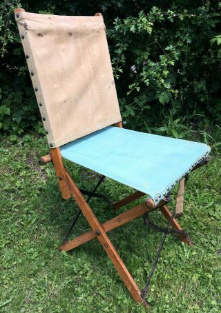 Antique Edwardian Campaign Chair Canvas Wood & Steel Folding Tent Camping 1910 2