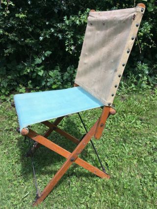 Antique Edwardian Campaign Chair Canvas Wood & Steel Folding Tent Camping 1910 4