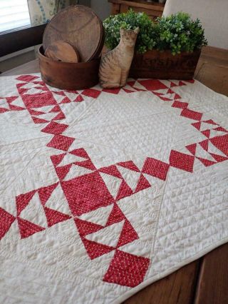 Great Quilting Antique C1860 Civil War Red & White Table Crib Quilt 28x27