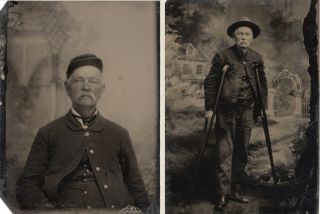 1/6th Plate Tintypes: Same Old Soldier Seated And Standing On Crutches