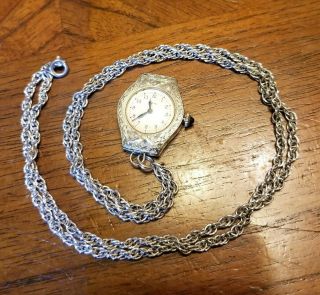 Antique 1923 Lady Elgin 14k Solid White Gold Case Pendant Watch W/sterling Chain