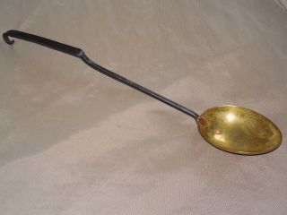 Vintage Hand Made Brass Cooking Spoon Utensil W/ Wrought Iron Handle
