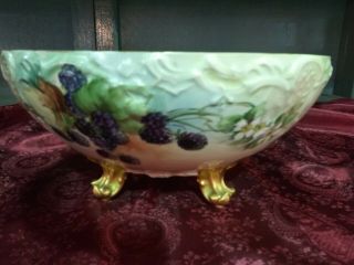 Limoges Hand Painted Footed Punch Bowl With Berry Clusters
