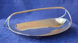 Wellner Silver Bread Basket Or Dish - Rattan Handle - Mcm Mid - Century Modern