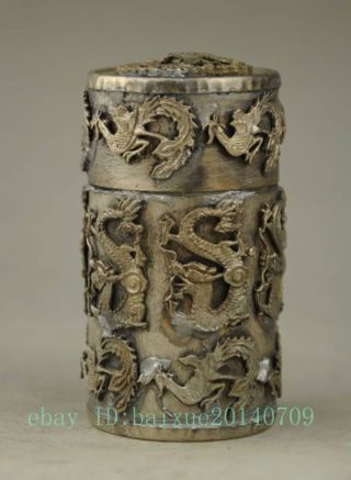 Old Chinese Copper Plating Silver Hand - Carved Dragon Phoenix Toothpick Box A01