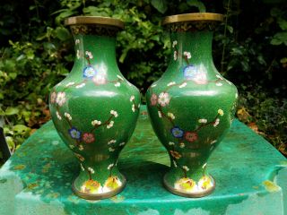 19th/20thc Qing Chinese Pair 9 " Cloisonne Brass Enamel Vases 