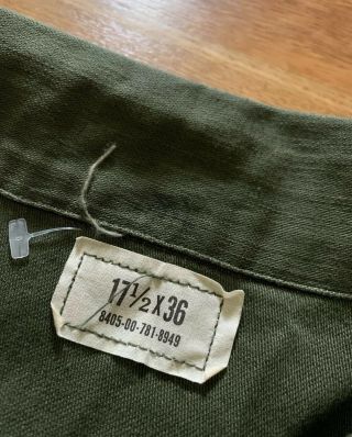 Vintage Vietnam War US Army OG - 107 Cotton Sateen Uniform Shirt.  17.  1/2 x 36 3