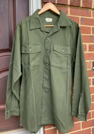 Vintage Vietnam War US Army OG - 107 Cotton Sateen Uniform Shirt.  17.  1/2 x 36 7