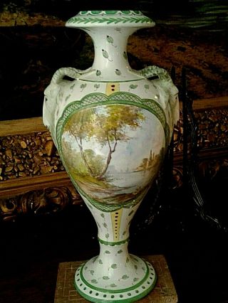 Rare 19th Century Paintings Veuve Perrin Faience Tin Glazed Ram Handled Vase