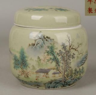 China Old Hand Made Blue White Porcelain Landscape Tea Can \guangxu Mark C01