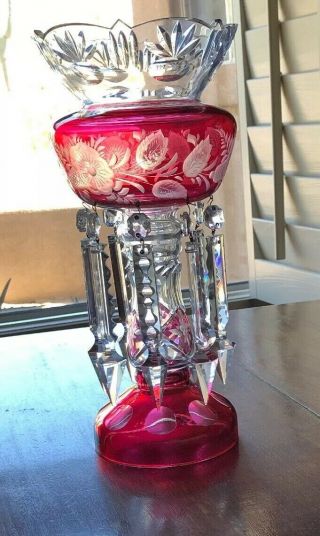 Large Antique Cranberry Glass Candlelight Lamp With 8 Long Cut Crystal Prisms