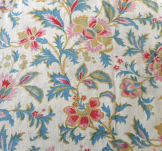 Antique French Indienne Jacobean Floral Cotton Fabric Blue Pink Red Caramel