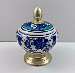 Handmade Turkish Marmara Cini Pottery Kutahya Covered Jar Signed 3 1/2”
