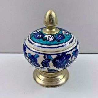 Handmade Turkish Marmara Cini Pottery Kutahya Covered Jar Signed 3 1/2” 3