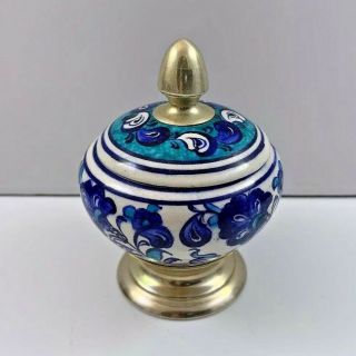 Handmade Turkish Marmara Cini Pottery Kutahya Covered Jar Signed 3 1/2” 4