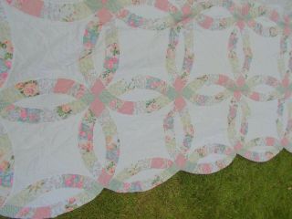 Vintage patchwork quilt wedding ring pattern pinks and greens.  220cm x 220cm 2