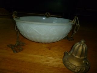 Vintage Brass Thick Opaline Milk Glass Ceiling Hanging Light Project Piece 1920s