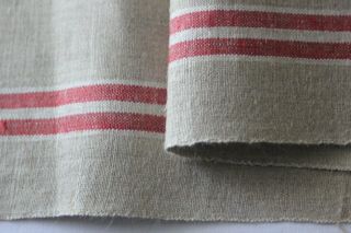 ANTIQUE FRENCH PURE LINEN FABRIC RED AND BEIGE STRIPES 118 