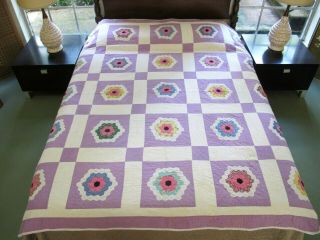 Queen Vintage Feed Sack Hand Sewn Applique Flower Garden Quilt,  Novelty Prints