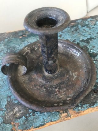 Antique Primitive Tin Candle Holder Push Up Tab,  Drip Pan And Finger Loop 19th C