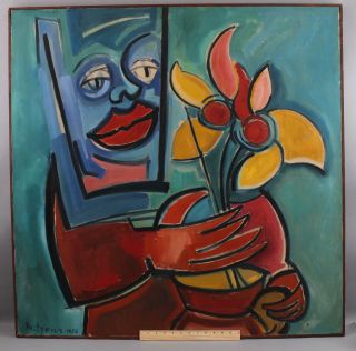 Large Mid - Century 1958 Abstract Cubist Modernist Oil Painting Figure & Flowers