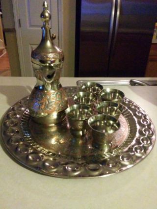 Antique Arabic Islamic Copper Brass Dallah Coffee/Tea Pot/ Tray /Coffee Cups Set 7
