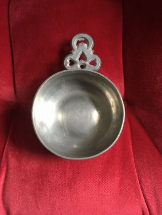 Early 19th Century Antique 3 - Heart American Pewter Porringer With Handle Flash