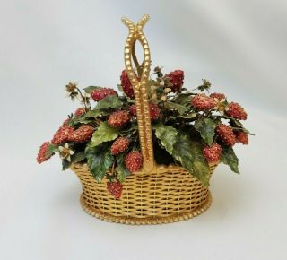 Jane Hutcheson Gorham Enamel Strawberry Floral Sculpture In Gold Wash Basket