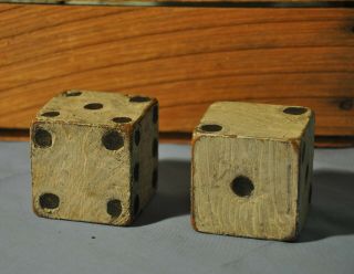 Vintage Primitive Wood Wooden Hand Made Dice Pair 2 