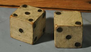 Vintage Primitive Wood Wooden Hand Made Dice Pair 2 