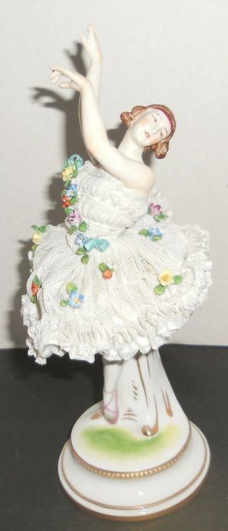 Antique Dresden Porcelain Lace Ballerina Figurine Dancer 10 " Tall W/flowers Vtg