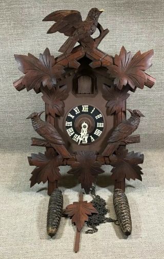 Vintage Wooden German Regula Wooden Cuckoo Clock W Birds & Leaves