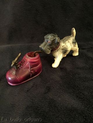 Rare 1930s Japan Celluloid Toy.  Scottish Terrier Biting Shoe.  Hallmarked
