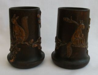 X2 Antique Oak Black Forest Vases With Applied Squirrels