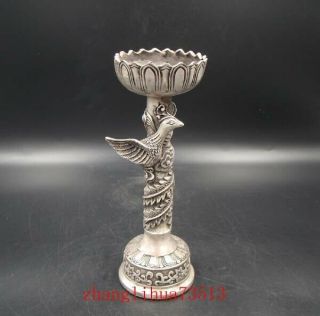7 " Collectible Handmade Carving Statue Phoenix Candlestick Copper Silver