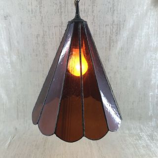 Antique Tiffany Style Amber Stained Glass 14” Hanging Ceiling Lamp Vintage