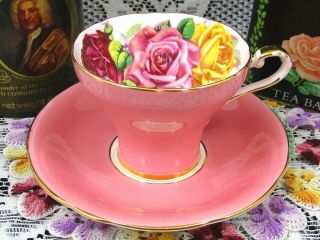 Aynsley Pink Red Yellow Roses Pink Corset Tea Cup And Saucer