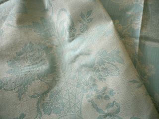 Antique Vtg.  French Soft Blue Floral Basket Linen Cotton Damask Ticking Fabric